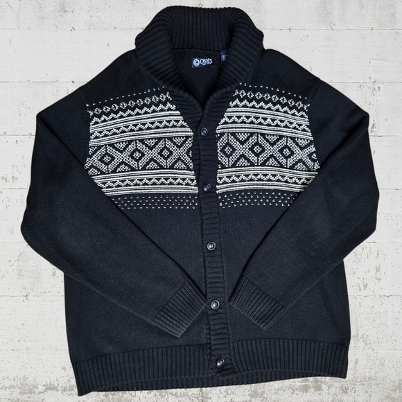 Chaps Black White Fair Isle Cowl Neck Button Up Cardigan Sweater Size Large - Picture 9 of 9